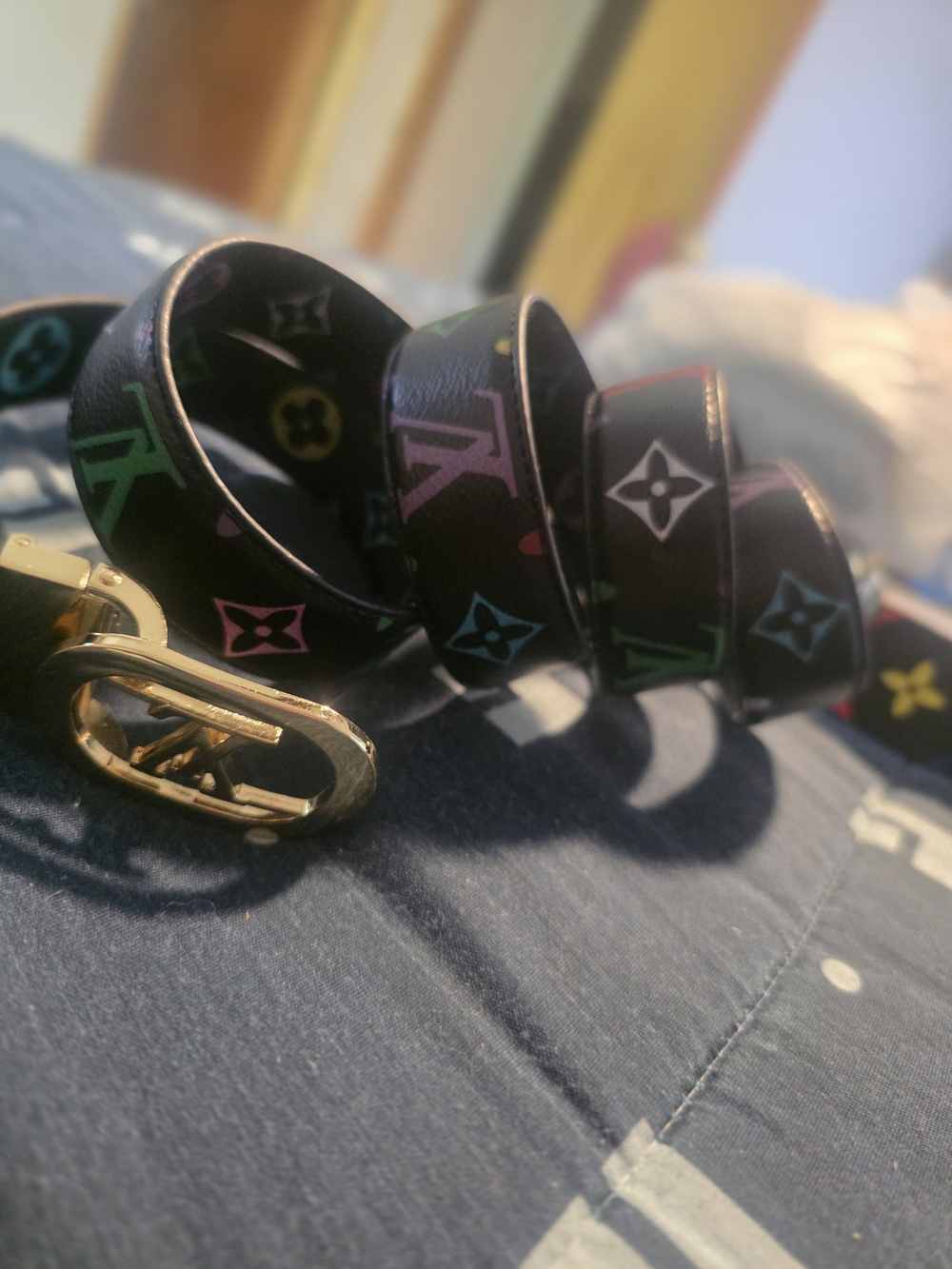 Designer-Inspired Black Multicolor Monogram Belt with Gold Buckle